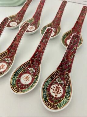 VINTAGE Famille Rose Spoons Set of 8, Mun Shou Longevity, JINGDEZHEN Chinoiserie